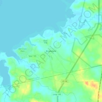 Mappa topografica Brookeland, altitudine, rilievo