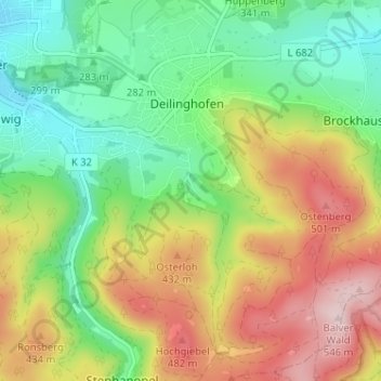 Mappa topografica Langenbruch, altitudine, rilievo