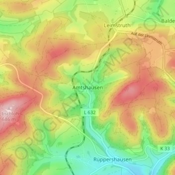 Mappa topografica Amtshausen, altitudine, rilievo
