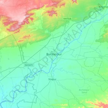 Mappa topografica Burhanpur, altitudine, rilievo