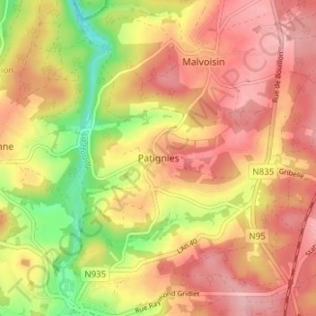Mappa topografica Patignies, altitudine, rilievo