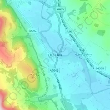 Mappa topografica Llanellen, altitudine, rilievo
