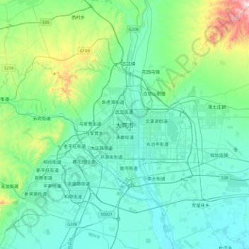 Mappa topografica 大同市, altitudine, rilievo