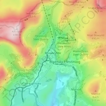 Mappa topografica Rhiwbryfdir, altitudine, rilievo