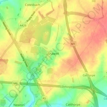 Mappa topografica Shawell, altitudine, rilievo