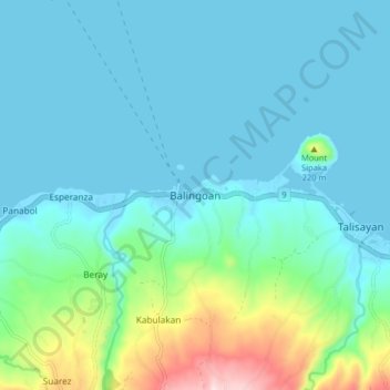 Mappa topografica Balingoan, altitudine, rilievo
