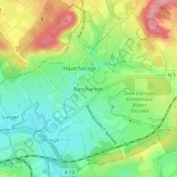 Mappa topografica Bascharage, altitudine, rilievo
