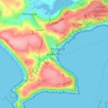 Mappa topografica Cawsand, altitudine, rilievo