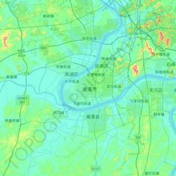 Mappa topografica 湘潭市, altitudine, rilievo