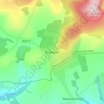 Mappa topografica Rosebush, altitudine, rilievo