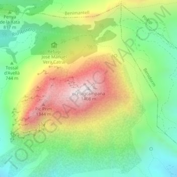 Mappa topografica el Puigcampana, altitudine, rilievo
