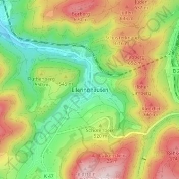 Mappa topografica Elleringhausen, altitudine, rilievo