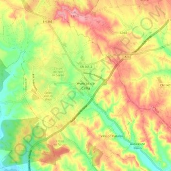Mappa topografica Aveiras de Cima, altitudine, rilievo
