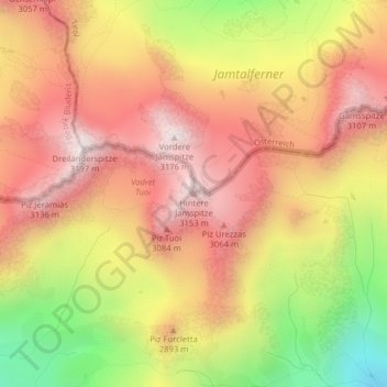 Mappa topografica Hintere Jamspitze, altitudine, rilievo