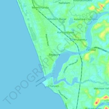 Mappa topografica Beypore, altitudine, rilievo