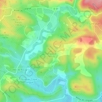 Mappa topografica Fangouse, altitudine, rilievo