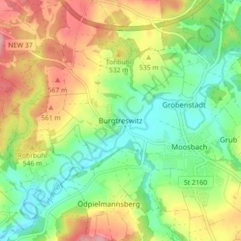 Mappa topografica Burgtreswitz, altitudine, rilievo