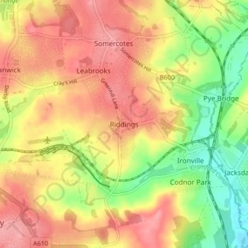 Mappa topografica Riddings, altitudine, rilievo