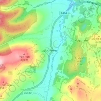 Mappa topografica Llanferres, altitudine, rilievo
