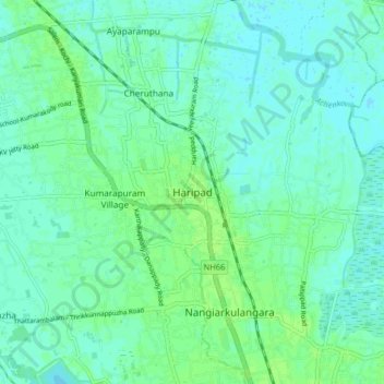 Mappa topografica Haripad, altitudine, rilievo
