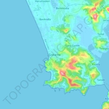 Mappa topografica Gokarna, altitudine, rilievo