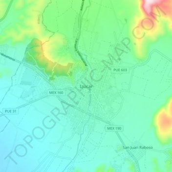 Mappa topografica Izúcar, altitudine, rilievo