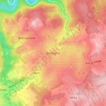 Mappa topografica Bertogne, altitudine, rilievo