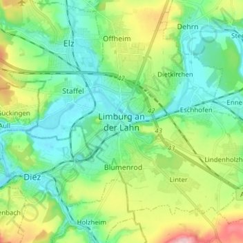 Mappa topografica Limburg an der Lahn, altitudine, rilievo