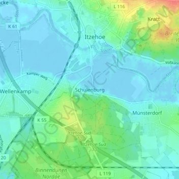 Mappa topografica Schulenburg, altitudine, rilievo