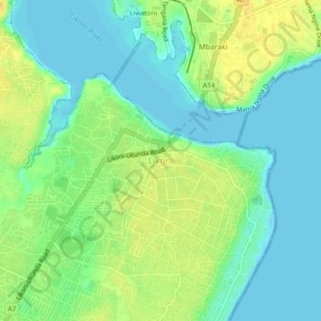 Mappa topografica Likoni, altitudine, rilievo