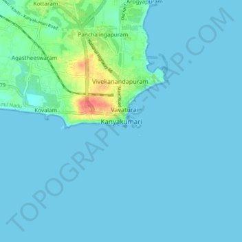 Mappa topografica Kanyakumari, altitudine, rilievo