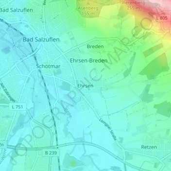 Mappa topografica Ehrsen, altitudine, rilievo