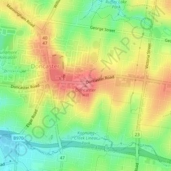 Mappa topografica Doncaster Hill, altitudine, rilievo
