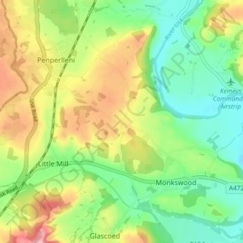 Mappa topografica Penpedairheol, altitudine, rilievo