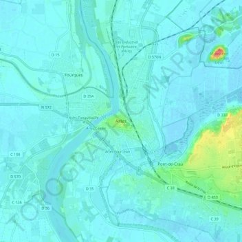 Mappa topografica Arles, altitudine, rilievo