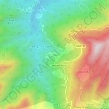 Mappa topografica Pethuparai, altitudine, rilievo