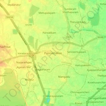 Mappa topografica Poonamallee, altitudine, rilievo
