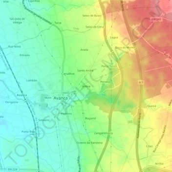 Mappa topografica Aldeia, altitudine, rilievo