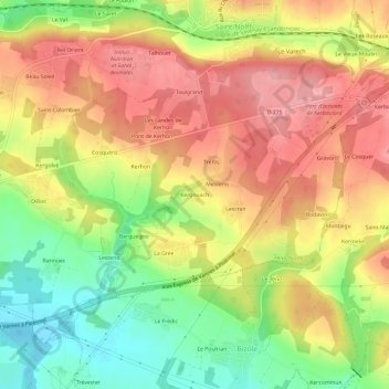 Mappa topografica Kergouach, altitudine, rilievo