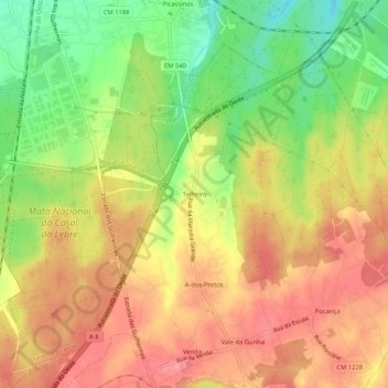 Mappa topografica Telheiro, altitudine, rilievo