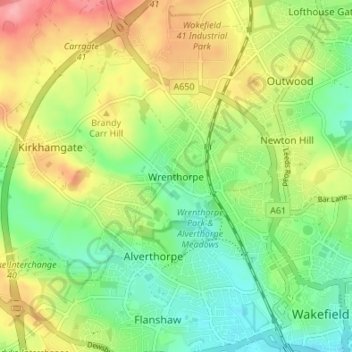 Mappa topografica Wrenthorpe, altitudine, rilievo