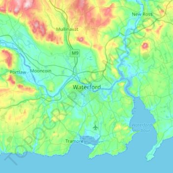 Mappa topografica Waterford, altitudine, rilievo