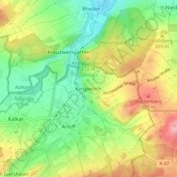 Mappa topografica Kirspenich, altitudine, rilievo