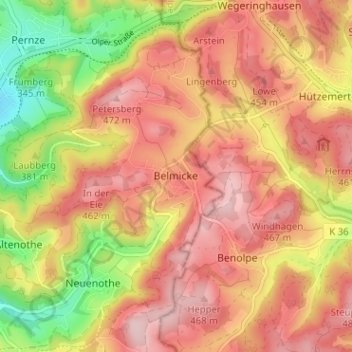 Mappa topografica Belmicke, altitudine, rilievo