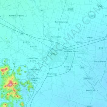 Mappa topografica Padoue, altitudine, rilievo
