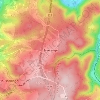Mappa topografica Havelange, altitudine, rilievo
