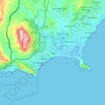 Mappa topografica Calpe, altitudine, rilievo
