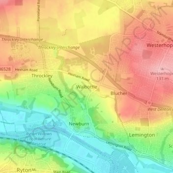 Mappa topografica Walbottle, altitudine, rilievo