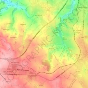 Mappa topografica Le Couderc, altitudine, rilievo
