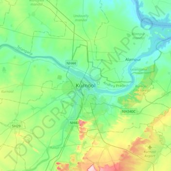 Mappa topografica Kurnool, altitudine, rilievo